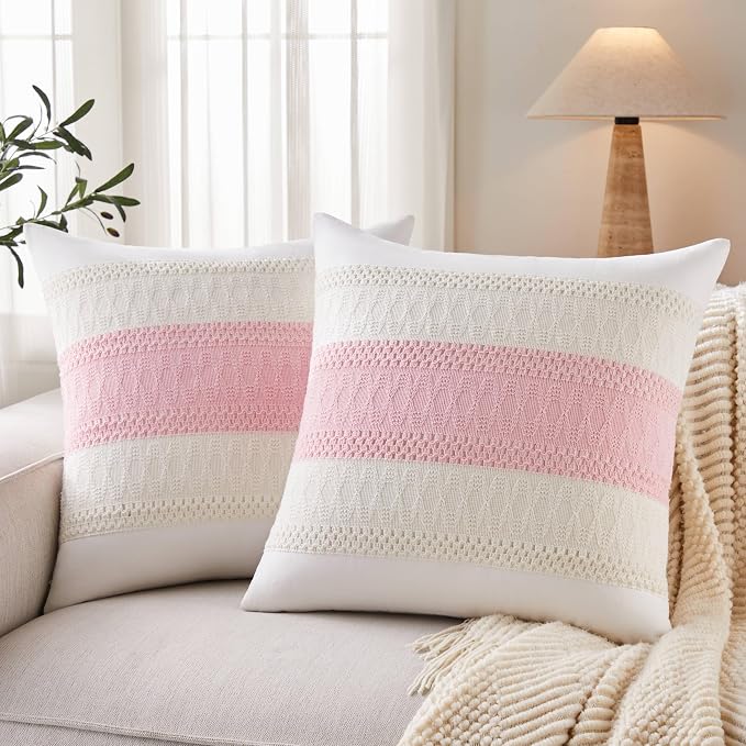 2pk Boho Pillow Covers 22x22, Natural White/Contrast/Light Pink | 100% Organic Cotton Body, Stripe Embroidery, Farmhouse Decorative Cushion Covers for Sofa Bed Living Room Home Decor