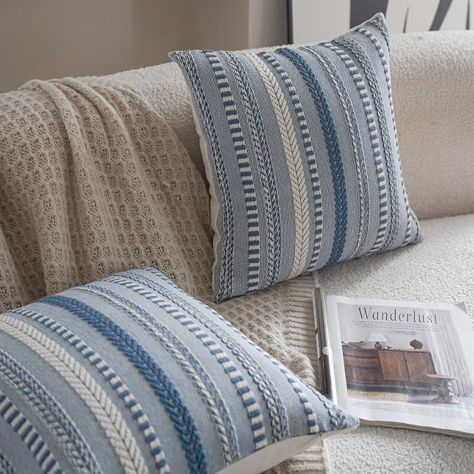 Cethom Boho Throw Pillow Covers 20x20 Inch Set of 2, Farmhouse Decorative Couch Pillow Cases, Blue Accent Pillows of Bed, Sofa Bedroom Living Room Home Decor Cushion Cover