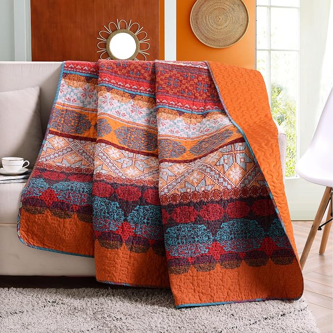 Exclusivo Mezcla Reversible Boho Quilted Throw Blanket, 50"x 60" | Lightweight Summer Quilt Throw, Designed for Bed/ Couch/ Sofa, Red and Orange Striped Pattern