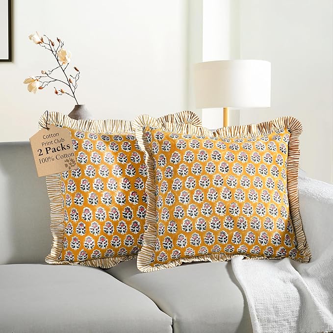 CPC Yellow Citrine Ruffle Throw Pillow Covers for Couch, 20x20 Inch Cotton Stripe Ruffle Couch Pillows for Living Room, Hidden 16 Inch Zipper Boho Pillow Case or Cute Outdoor Ruffle Pillows
