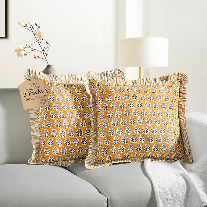 CPC Yellow Citrine Ruffle Throw Pillow Covers for Couch, 24x24 Inch Cotton Stripe Ruffle Couch Pillows for Living Room, Hidden 20 Inch Zipper Boho Pillow Case or Cute Outdoor Ruffle Pillows