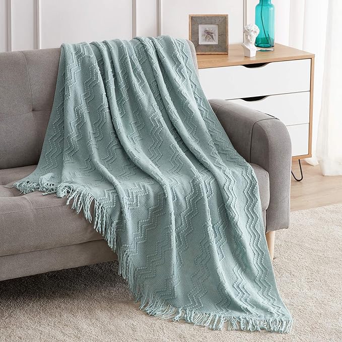 BOURINA Aqua Throw Blanket 60x80 Inch Boho Knitted Soft Throw Sofa Blanket | Knitted Throw Blanket 60x80 Inches, Soft Lightweight Boho Weave Throw Decorative Couch Blanket for Living Room Bedroom Chair