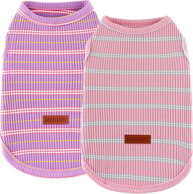 2Pack Dog Shirt Cotton Striped T-Shirts Stretchy Comfortable Pet Vest for Puppy and Cat Super Soft Dog Shirts Vest Sleeveless Breathable Basic Clothes for Small Medium Large Boy Girl Dogs