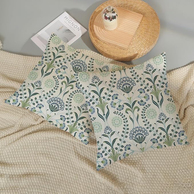 Blue Green Pillow Covers 18x18 Inch Set of 2 Boho Floral Decor Throw Pillows Vintage Block Print Flower Outdoor Linen Decorations Pillowcase Linen Cushion Cover for Couch