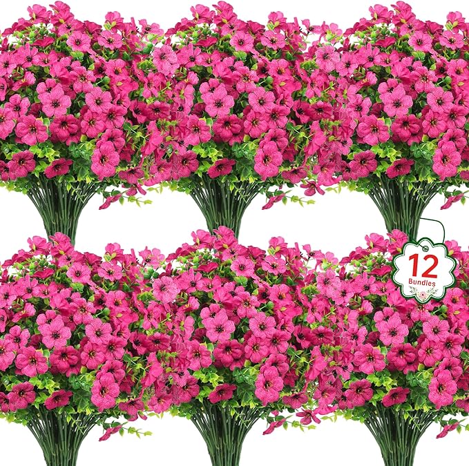 12 Pcs Artificial Flowers for Outdoors Decorations, Rose Red | Lifelike silk flowers, UV resistant, faux plastic plants, for garden porch window table vase home indoor outdoor decor