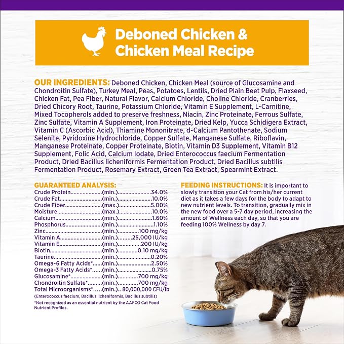 Wellness Complete Health Adult Dry Cat Food for Indoor Cats, Natural, Grain Free Kibble, Chicken Recipe, 11.5 lb Bag