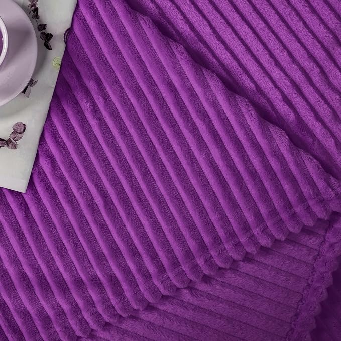 Vessia Flannel Fleece Twin Blanket for Couch,Sofa,Bed, 300GSM Striped 60x80inch Purple Blanket for Adults and Kids, Super Soft Warm Cozy Lightweight Ribbed Throw for All-Season