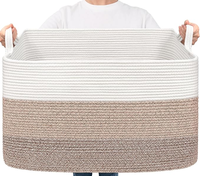 Goodpick Large Woven Blanket Basket 23.6" x 15.7" x 13.8" Cotton Rope Storage Organizer for Dirty Clothes Pillows, Soft Toy Storage Basket for Nursery Home Decor, White & Light Brown