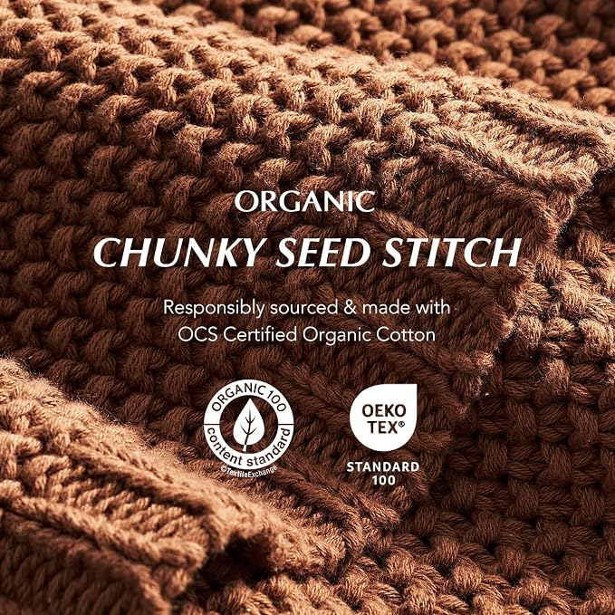 Organic Cotton Chunky Knit Throw Blanket, 50 x 60 Terracotta | OCS Certified Organic Cotton, Seed Stitch Knit, Soft & Breathable, Cozy Midweight, Decorative Throw for Couch, Bed & Sofa