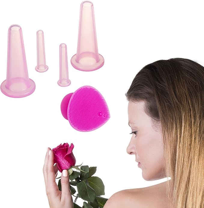 Face Cupping Set - Cupping Therapy Sets - Facial Cupping System - Silicone Massage Cups - Double Chin Reducer - Cupping for Cellulite Kit - Ideal to Shape Your Cheeks and Chin - by Sandine (Pink)