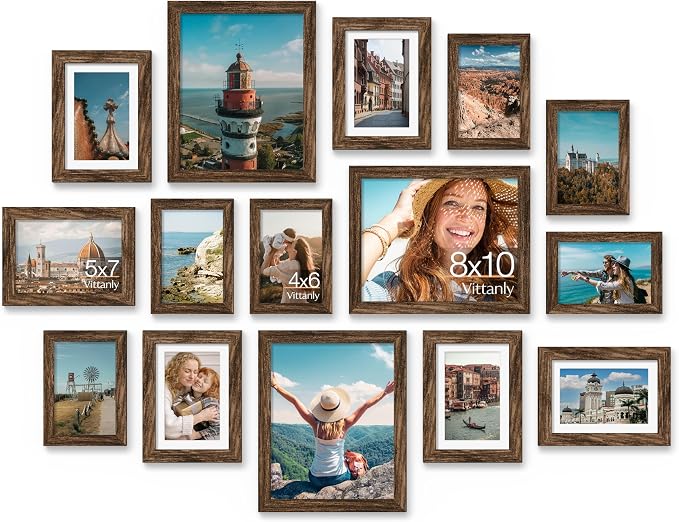 Vittanly 15 Pack Picture Frames Collage Wall Decor, Wall/Tabletop Display | Brown, Multi-Size Gallery Wall Frame Set: 3pcs 8x10, 6pcs 5x7, 6pcs 4x6. Picture Frame Set for Family