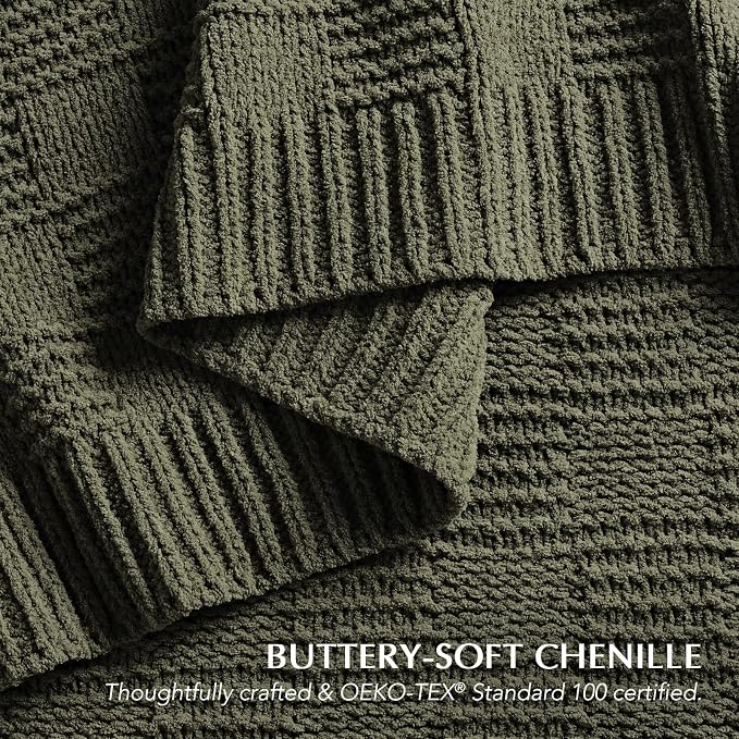 EVERGRACEHOME Modern Checkered Chenille Throw Blanket, 60x80, Olive Green | Lightweight Warmth, All-Season Breathability, OEKO-TEX certified, Timeless Grid Pattern, Farmhouse Throw for Couch, Bed, Sofa