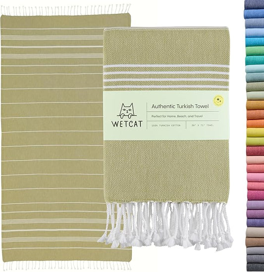 WETCAT Turkish Beach Towel Oversized (38"x71") 100% Turkish Cotton, Made in Turkey - Sand Free, Extra Large, Ultra Soft, Quick Drying, Compact & Lightweight for Travel - Sage Green