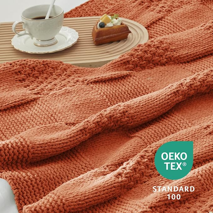 Knit Throw Blanket, Soft Chenille Cozy Breathable Checkered Chunky Decorative Blanket for Couch, Bed & Sofa, French-Inspired Lightweight Warm Gift for Women, Orange, 50"x60"