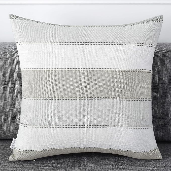 Pack of 2 Farmhouse Stripe Check Throw Pillow Covers Set Case Cotton Linen Decorative Pillowcases Cushion Cover for Couch Bench Sofa 22x22Inch Light Grey Beige