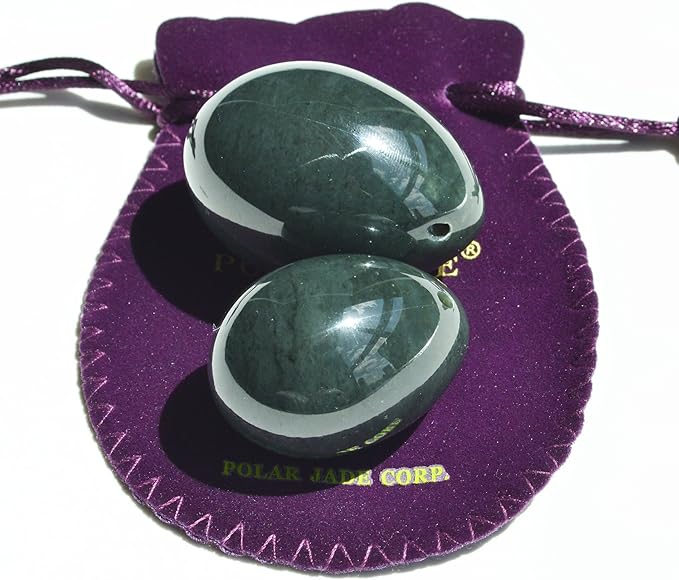 2-PCS Egg Set Made of Real Nephrite Jade for Beginners and Intermediate Users for Wellness Training, Drilled, Large & Medium 2-Size, by Polar Jade