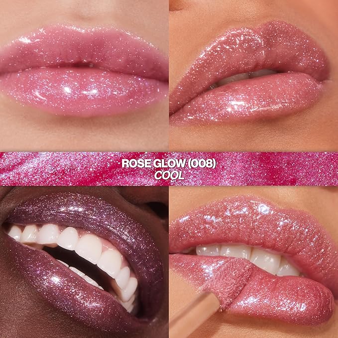 REVLON Super Lustrous Glimmer Gloss, Non-Sticky Lip Gloss, High-Shine Finish, Plant-Based Glitter, 008 Rose Glow, 0.13 fl oz