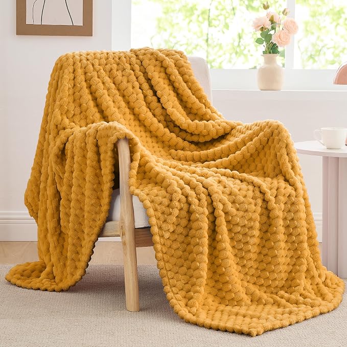BEDELITE Mustard Yellow Twin Blanket for Couch, Soft Cozy Gifts for Women | 3D Jacquard Decorative Fleece Blanket, Super Soft Plush Throws, Cute Birthday Gift for Women, Suitable for All Seasons, 60*80