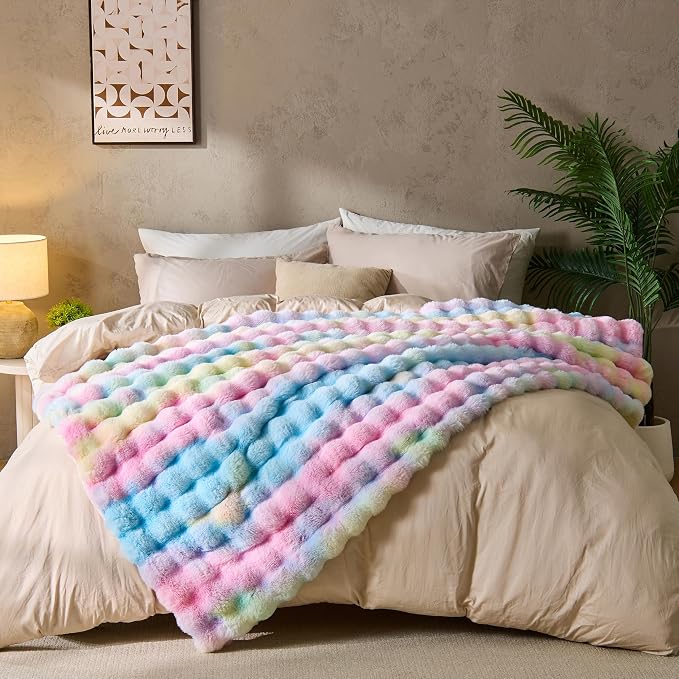 DOWNCOOL Large Faux Rabbit Fur Throw Blanket, Soft Fluffy Fuzzy Plush Bubble Blanket for Couch Sofa & Bed, Cozy Warm Luxury Fleece Minky Blanket, 90x90 Inches Rainbow