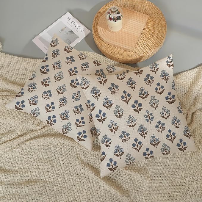 Brown Blue Pillow Covers 24x24 Inch Set of 2 Boho Block Print Floral Throw Pillows Vintage Flower Decorative Pillow Cases Outdoor Linen Farmhouse Cushion Cover for Couch Sofa Bed Decor