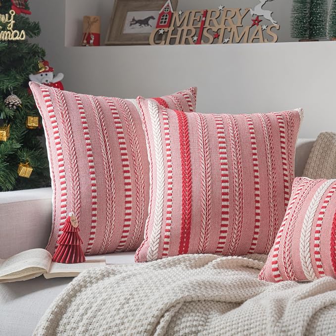 Cethom Christmas Pillow Covers 20x20 Inch Set of 2, Farmhouse Boho Christmas Decoration Couch Pillow Cases, Red Accent Pillows of Bed, Sofa Bedroom Living Room Home Decor Cushion Cover