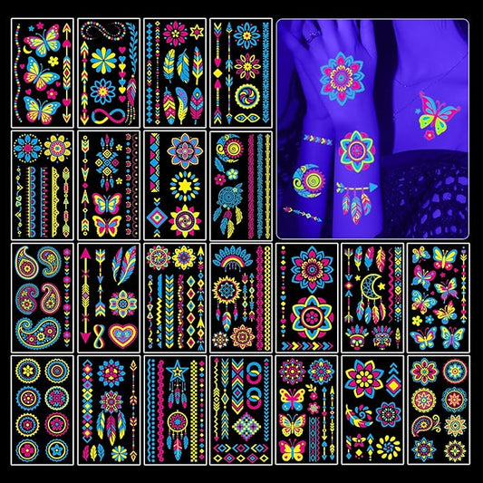 32 Sheets Temporary Tattoo Glow in the Dark, UV Neon Fluorescence Body Arm Fake Tattoo Waterproof Stickers for Women Men Party Favors, Rave Festival Party Supplies