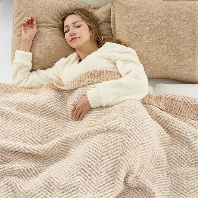 Snuggle Sac Herringbone Throw Blanket for Couch, Reversible Super Soft Warm Blankets Cozy Knit Fuzzy Plush Lightweight Throws for Sofa, Bed, Camping, Beige, 50x60 inches