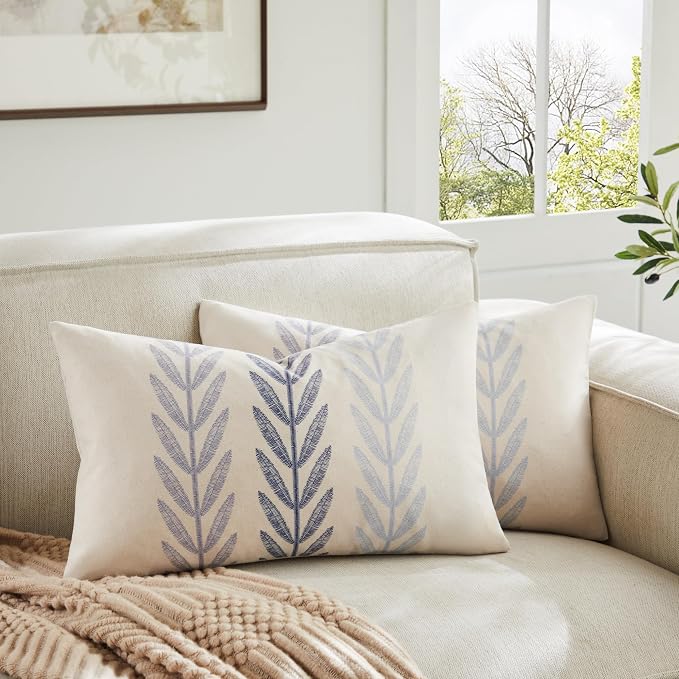 Farmhouse Leaves Lumbar Pillow Covers Set of 2, 12x20in Mixed Blue | 100% Organic Cotton, Rustic Accent Print Pillow Case, Pastoral Decorative Cushion Covers for Sofa Bed Living Room Home Decor