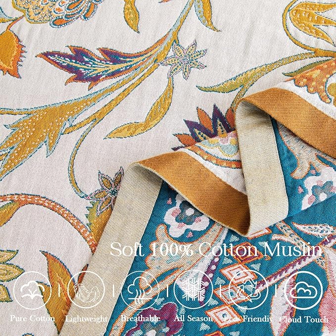 XIBLC Fall Throw Blanket for Couch, Brown Boho Decorative Throw Blanket, 100% Cotton Muslin Breathable Woven Farmhouse Blankets Quilt, 60"x80" Reversible Lightweight Blankets Bohemian Throw Quilt