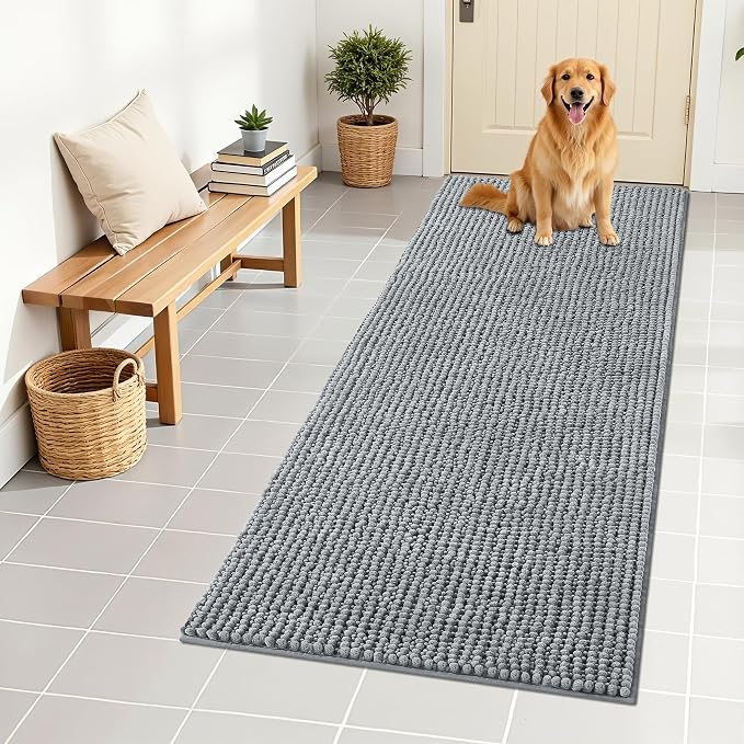 OLANLY Dog Door Mat for Muddy Paws 59x24, Extra Absorbent Chenille Mud Mat | Grey, Absorbs Moisture and Dirt, Non-Slip Machine Washable Doormat, Quick-Drying Indoor Entryway Floor Mat for Dogs