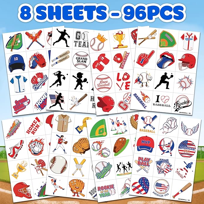 96 PCS Baseball Sports Pre-Cut Temporary Tattoos for Kids | Super Cute Baseball Themed Birthday Party Favors, Supplies, Decorations, Fake Tattoo Stickers (multiple)