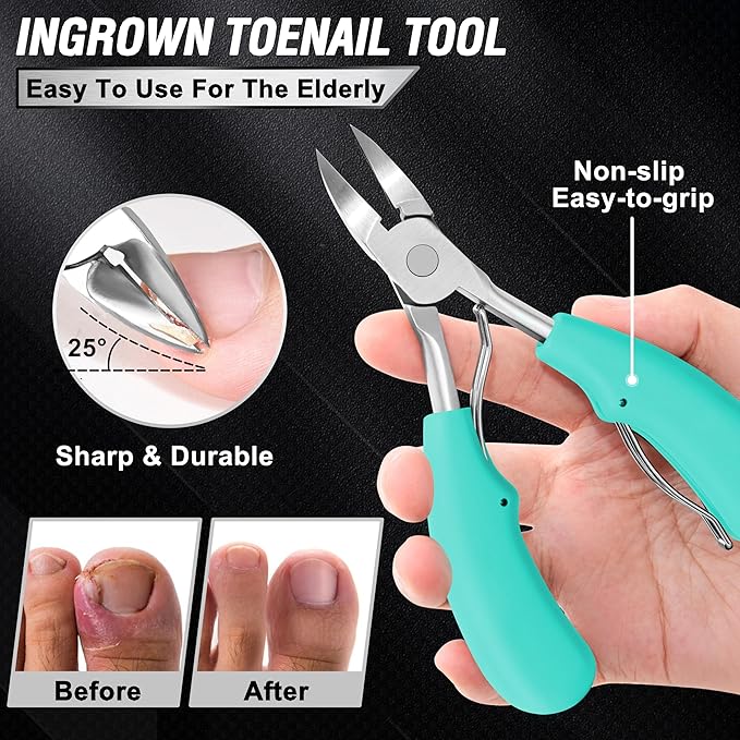 Toenail Clippers for Seniors Thick Toenails, Aucurwen Heavy Duty Toe Nail Clippers Adult Thick Nails Long Handle, Large Toenail Clippers for Thick Nails 7Pcs(Cyan)