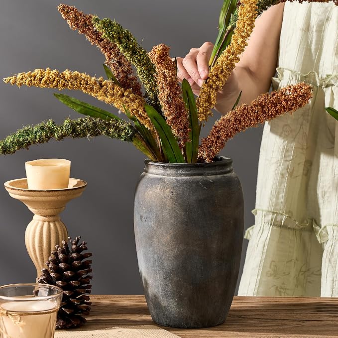 PORCER 8.2 Inch Ceramic Terracotta Rustic Vase Home Decor Farmhouse Decorative Vase for Living Room Entryway Floor Holiday Wedding-Black Bronze