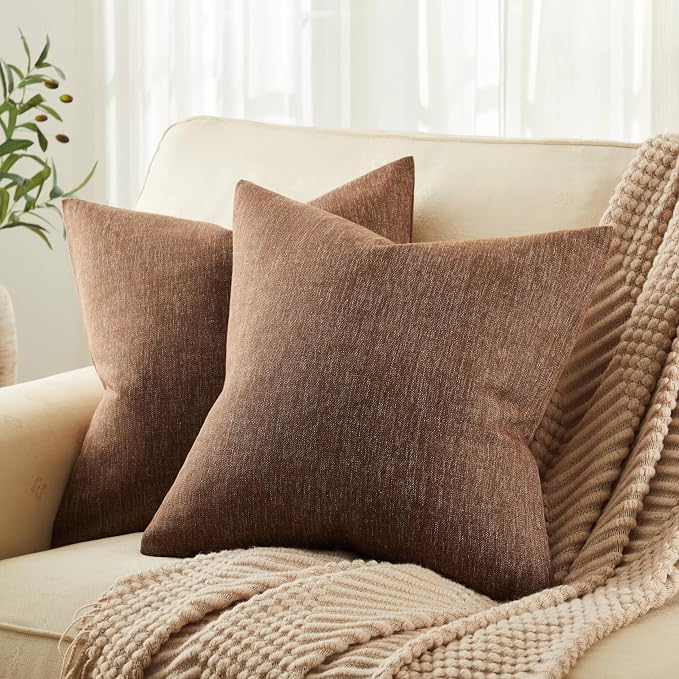 Rustic Linen Throw Pillow Covers Set of 2, Brown 20x20in | Textured Pillow Case, Rustic Cotton Linen Fabric, Modern Farmhouse Cushion Covers for Sofa Bed Living Room Home Decor