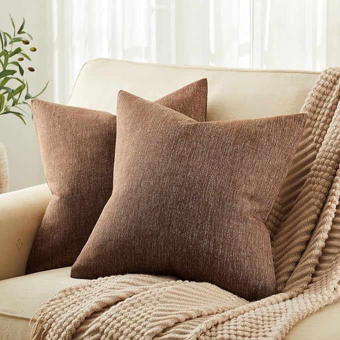 Rustic Linen Throw Pillow Covers Set of 2, Brown 24x24in | Textured Pillow Case, Rustic Cotton Linen Fabric, Modern Farmhouse Cushion Covers for Sofa Bed Living Room Home Decor