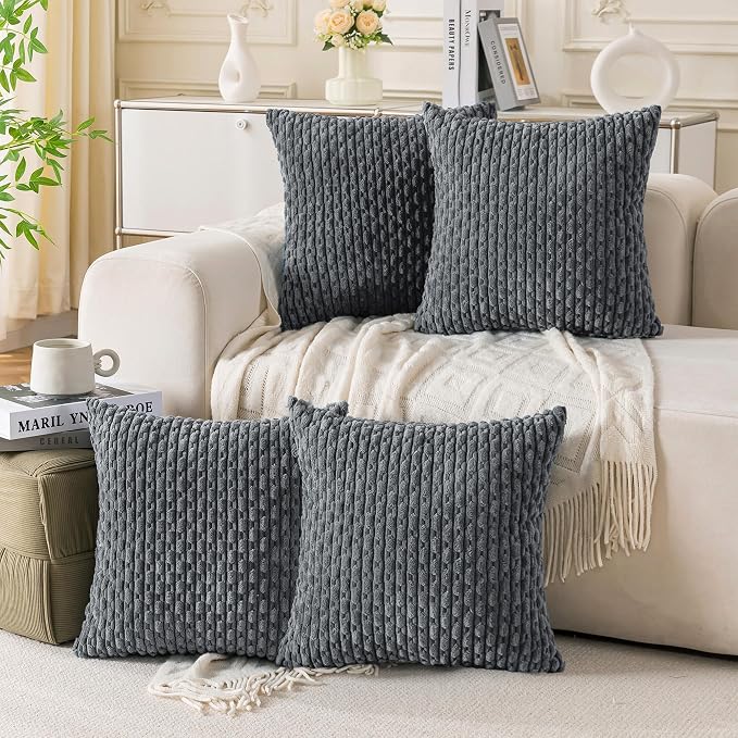 Set of 4 Medium Grey Decorative Throw Pillow Covers 22x22 Inch Corduroy Pillow Covers for Bed Couch Sofa Living Room Soft Square Cushion Cases