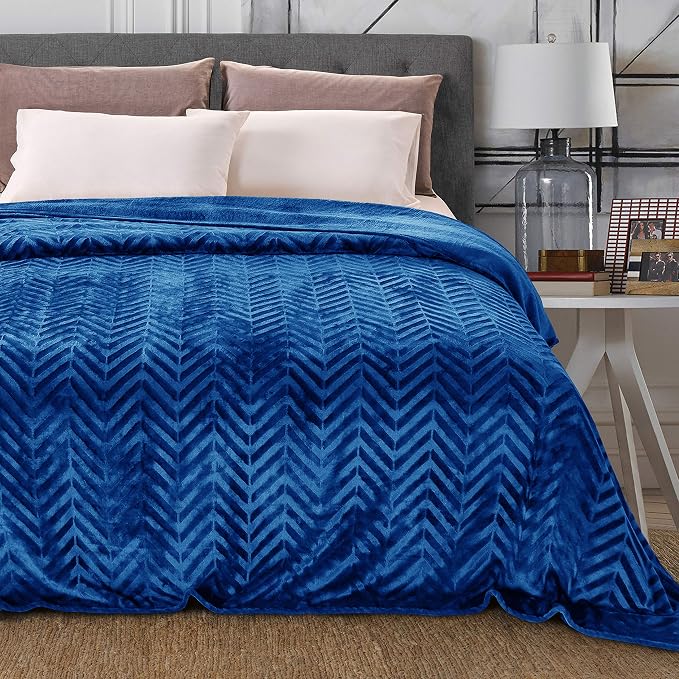 Whale Flotilla Flannel Fleece Fall Bed Blanket Queen Size, Royal Blue | Lightweight Breathable Soft Bedspread, Plush Fluffy Coverlet Chevron Design Decorative Blanket for Home Life, 90x90 Inch
