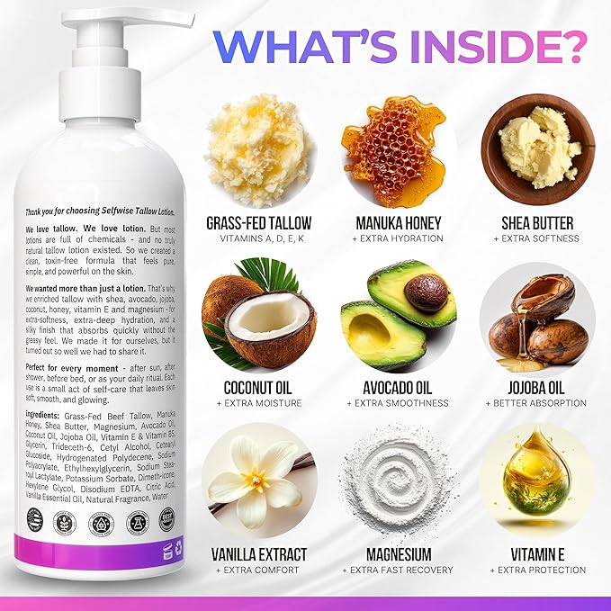 Beef Tallow Body Lotion with Magnesium, Shea Butter, Avocado, Honey - Natural Lotion with Vitamin E - Fast Absorbing, Non-Greasy Moisturizer for Dry & Sensitive Skin, Daily Hydrating Body Cream