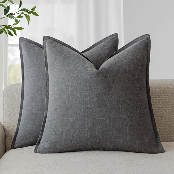 Foindtower Pack of 2, Decorative Linen Solid Throw Pillow Covers Soft Accent Square Cushion Case Boho Farmhouse Pillowcase for Chair Couch Sofa Bedroom Living Room Home Decor 24 x 24 Inch Grey