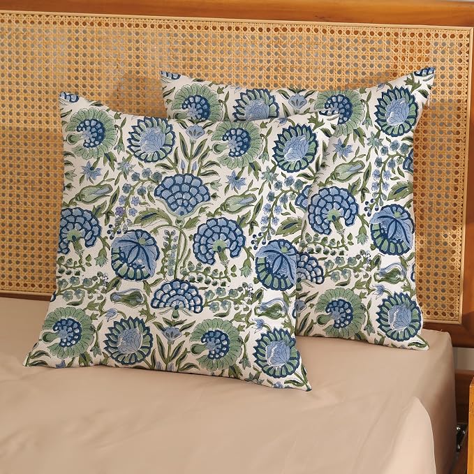 Block Print Pillow Covers 18x18 Inch Pack of 2 Boho Blue Sage Green Floral Decor Throw Pillow Covers Spring Summer Flower Pillowcase Outdoor Farmhouse Decorative Cushion Cover for Couch Sofa