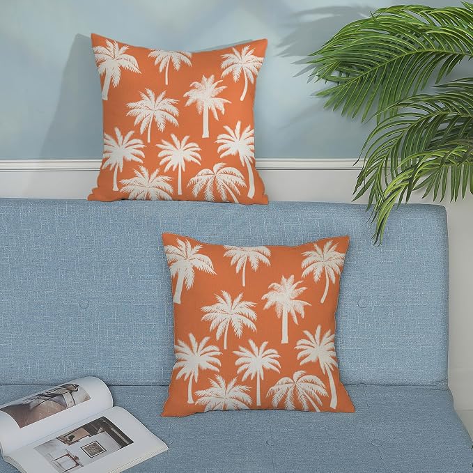Burnt Orange Palm Tree Pillow Covers 18x18 Inch Set of 2 Vintage Tropical Decorative Pillow Cases Summer Outdoor Cushion Cover Farmhouse Linen Decoration Throw Pillows for Couch Living Room