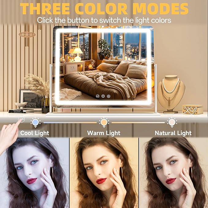 Vanity Mirror with Lights, 23.6'' x 20'' Lighted Makeup Mirror, Touch Screen with 3-Color Lighting, Dimmable for Vanity Desk Tabletop Round White