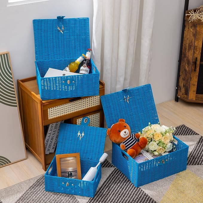 Set of 3 Woven Wicker Storage Basket Box with Lids & Lock, Built-in Carry Handles, Multifunctional Storage Organizer for Nursery, Baby, Clothes, Toys, Books, Large/Medium/Small Size (Blue)