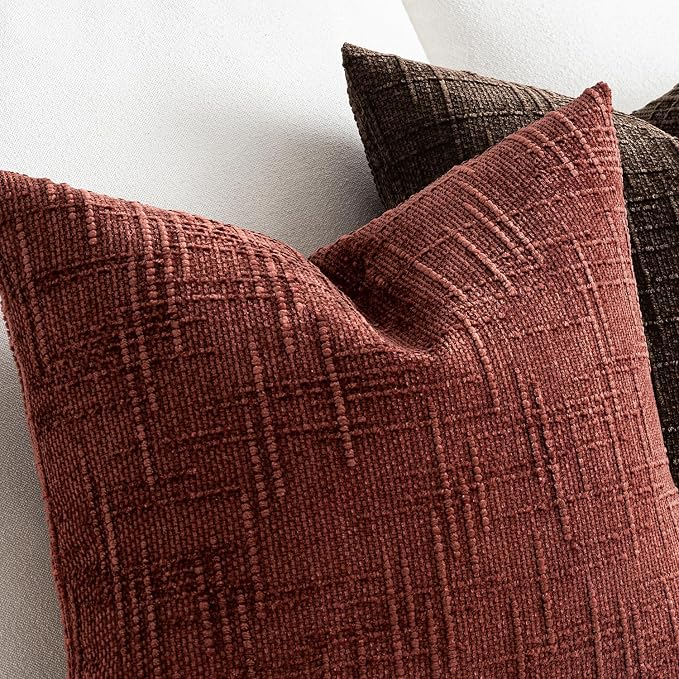 MIULEE Chenille Textured Fall Throw Pillow Covers Rust 20x20 Set of 2 | Slubby Decorative Pillows, Boho Farmhouse Rustic Home Decor, Modern Neutral Cushion Covers for Couch Sofa Bed Living Room