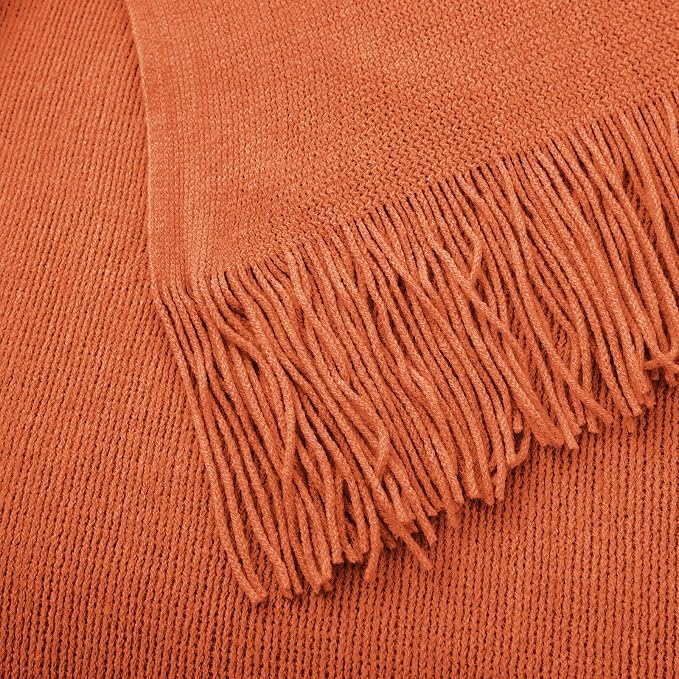 Vonty Rust Orange Knitted Throw Blanket with Tassels Fringe, 60x80 Acrylic | Super Soft And Lightweight, Year-Round Cozy Warmth, Farmhouse Decorative Style, Machine Washable, for Couch, Sofa or Bed