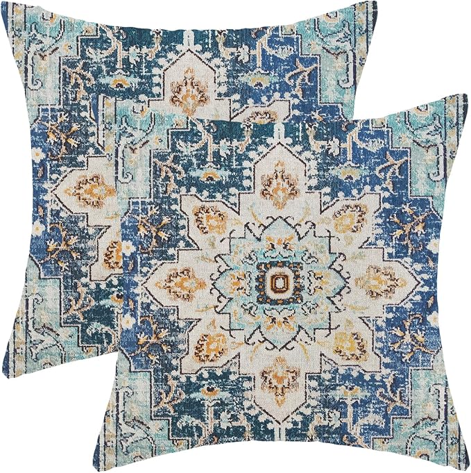 AEIOAE Boho Pillow Covers 16x16 Inch Set of 2,Carpet Pattern Throw Pillows Case,Blue Yellow Ethnic Design Outdoor Decorative Square Linen Farmhouse Decor Cushion Covers for Home Sofa Bed Couch