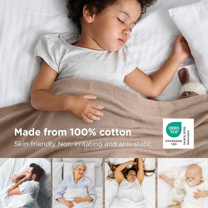 Bedsure GentleSoft 100% Cotton Blanket Queen Size for Bed - Cooling Breathable and Lightweight, Soft Cozy Textured Herringbone Woven Summer Blanket for Home Decor, Coffee Brown, 90x90 inches