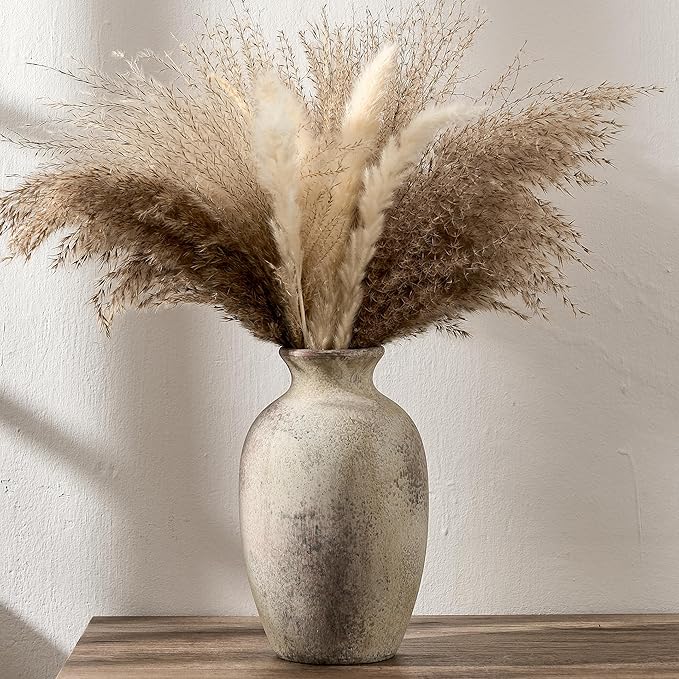 PORCER Ceramic Rustic Flower Vase, 8.27 Inch Vintage Pottery Home Decor, Antique Farmhouse Terracotta Vase for Living Room, Table, Shelf, Mantel Decoration, Farmhouse - Natural Brown