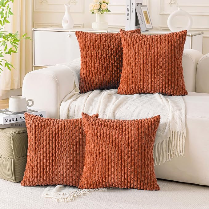 Set of 4 Burnt Orange Decorative Throw Pillow Covers 24x24 Inch Corduroy Pillow Covers for Bed Couch Sofa Living Room Soft Square Cushion Cases
