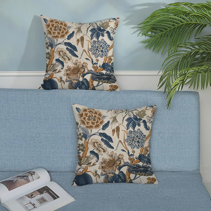 Grwon Navy Blue Pillow Covers 18x18 Inch Set of 2 Vintage Blue Floral Throw Pillows Chinoiserie Flower Decorative Pillow Case Outdoor Linen Farmhouse Cushion Cover for Couch Sofa Decorations